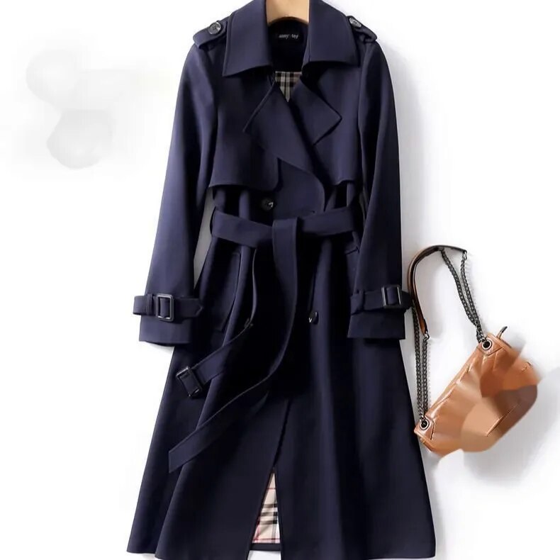 Trench long classique pour femme - veste double boutonnage avec ceinture4