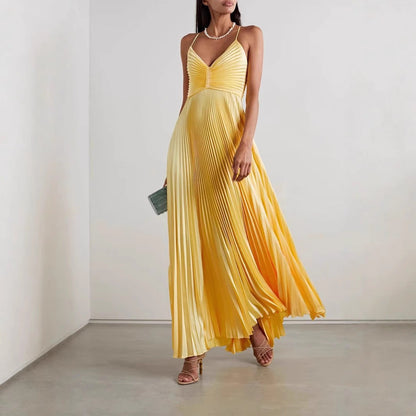 Femme Robe maxi – style élégant avec col en V et jupe plissée