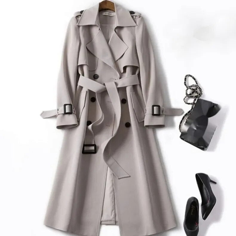 Trench long classique pour femme - veste double boutonnage avec ceinture3