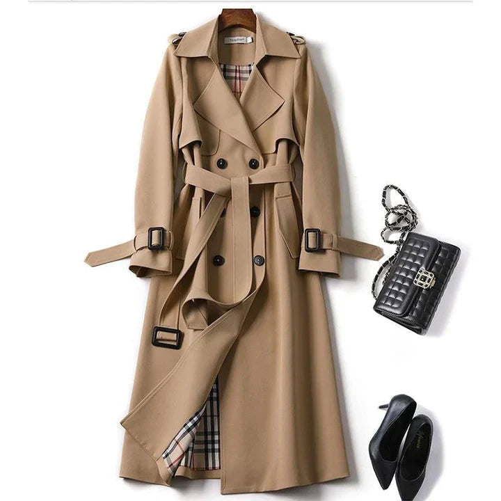 Trench long classique pour femme - veste double boutonnage avec ceinture7