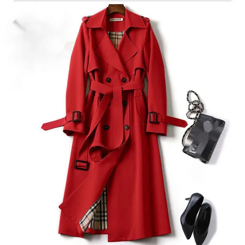 Trench long classique pour femme - veste double boutonnage avec ceinture5