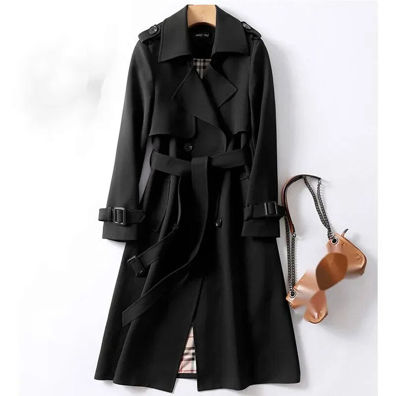 Trench long classique pour femme - veste double boutonnage avec ceinture2