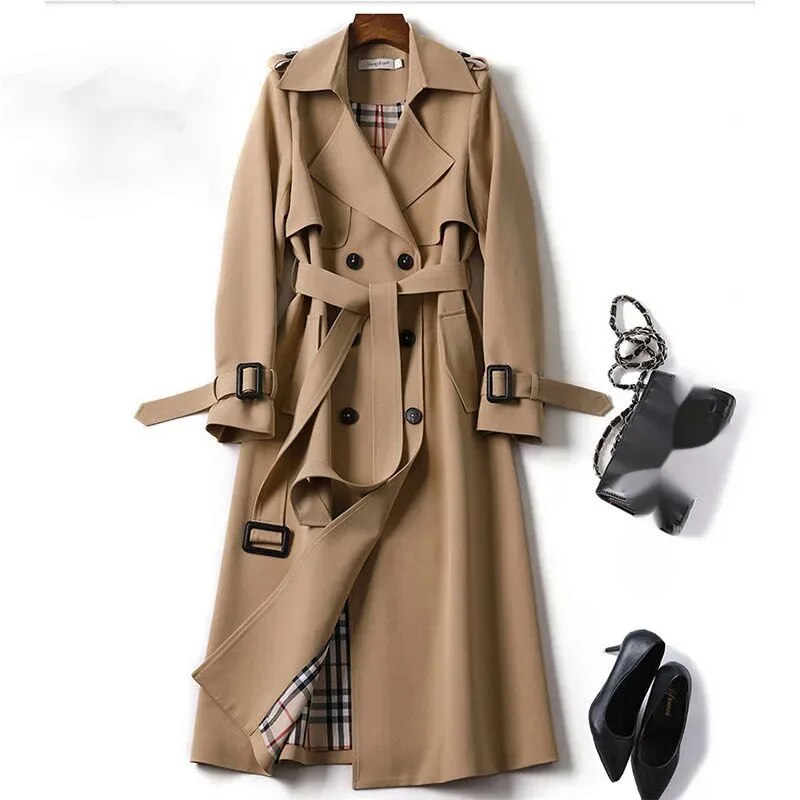 Trench long classique pour femme - veste double boutonnage avec ceinture