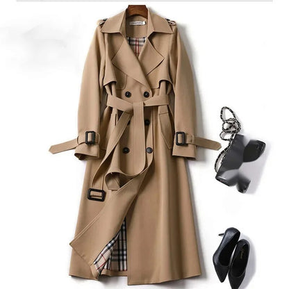 Trench long classique pour femme - veste double boutonnage avec ceinture