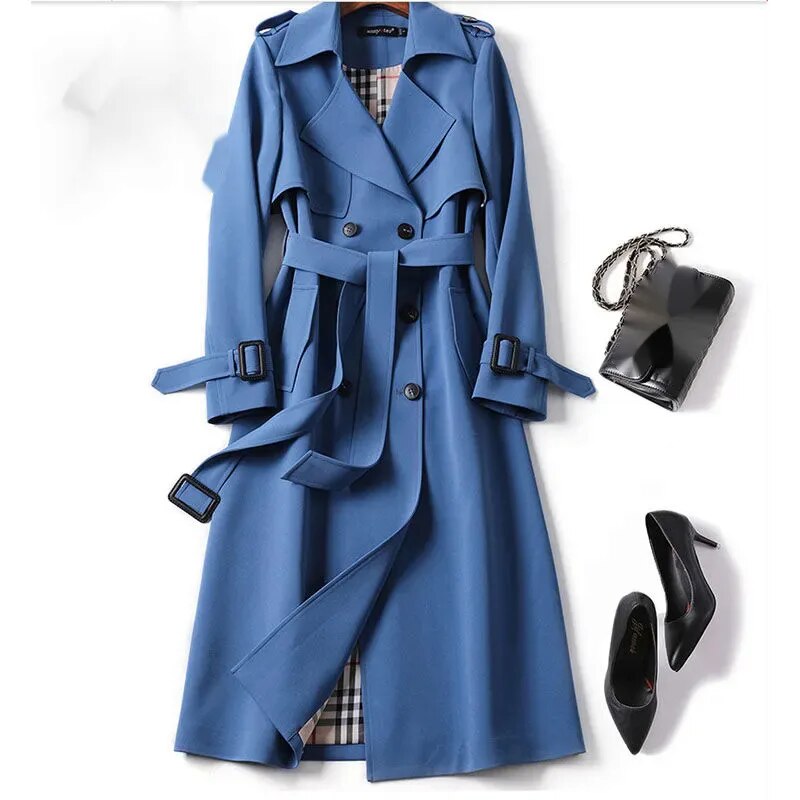 Trench long classique pour femme - veste double boutonnage avec ceinture1