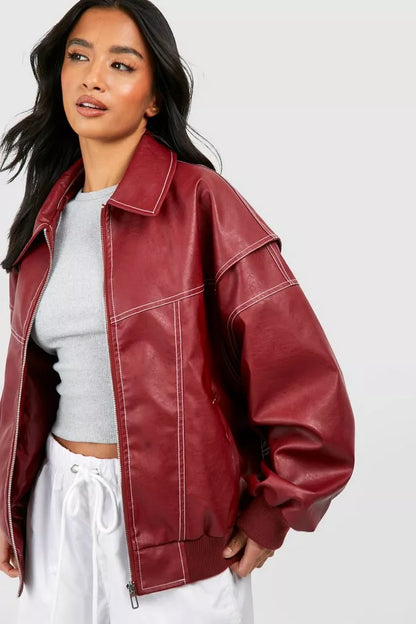 Veste en cuir oversize pour femme avec fermeture éclair - Veste de transition d'inspiration vintage 3
