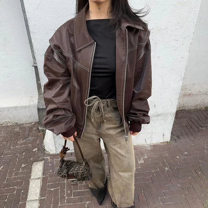 Veste en cuir oversize pour femme avec fermeture éclair - Veste de transition d'inspiration vintage 2